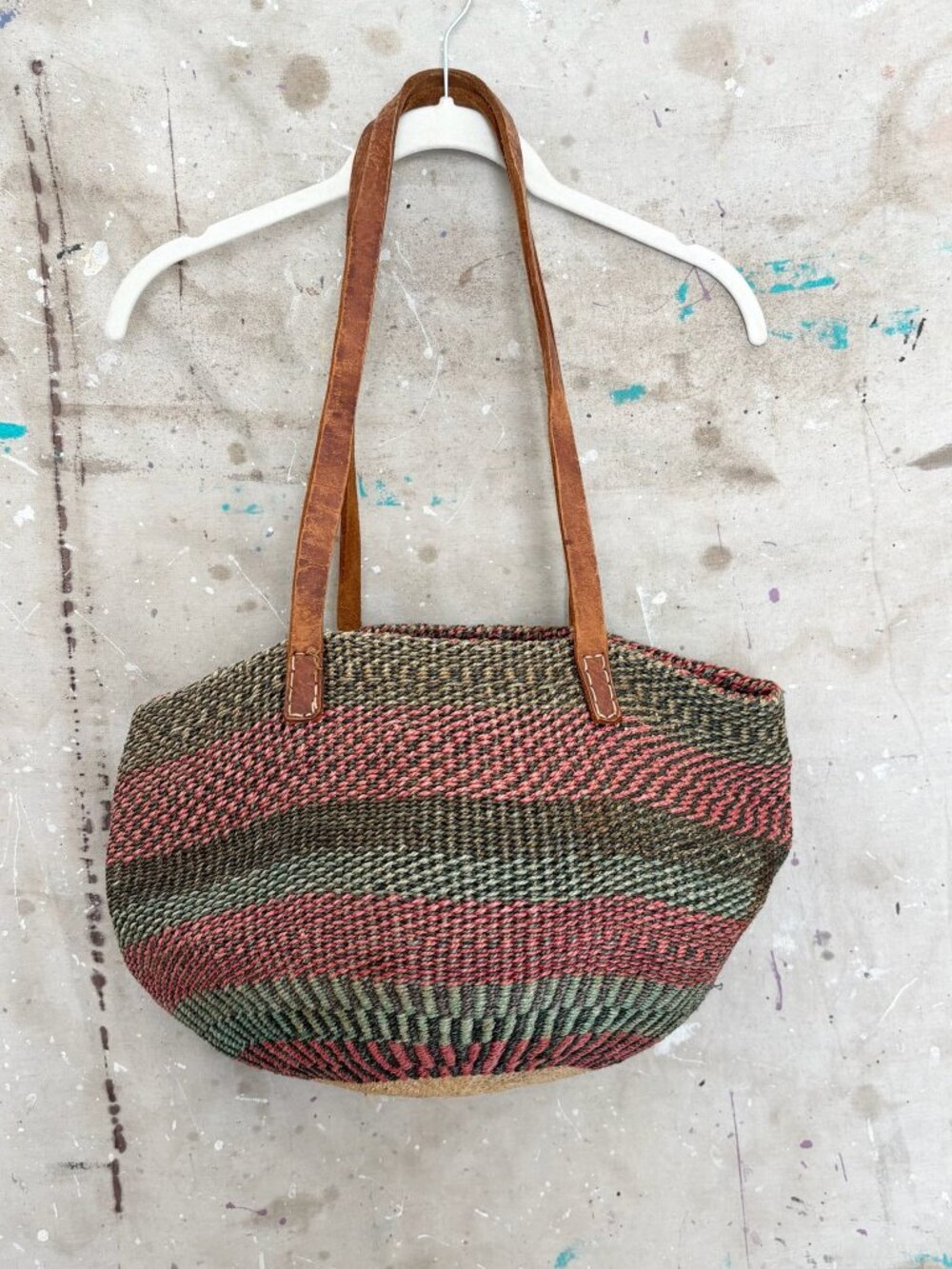 Sisal Market Jute Leather Shoulder Bag Tote Bag Vintage